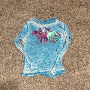 Rock & Roll Cowgirl Blue Long Sleeve Tee with Horse Design